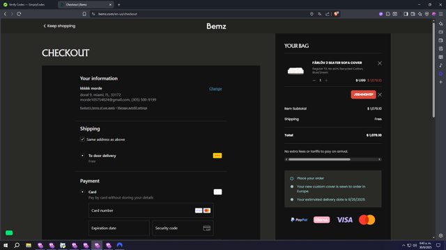 Bemz US checkout page showing Bemz US promo code box | Screenshot taken by SimplyCodes community member on Aug 30, 2025