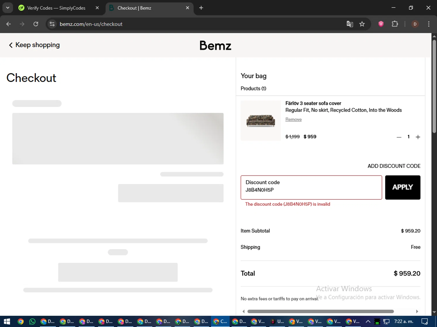 Bemz US promo code screenshot showing code J8B4N0H5P applied at Bemz US checkout page. Uploaded by SimplyCodes community member liltecca on Nov 25, 2025