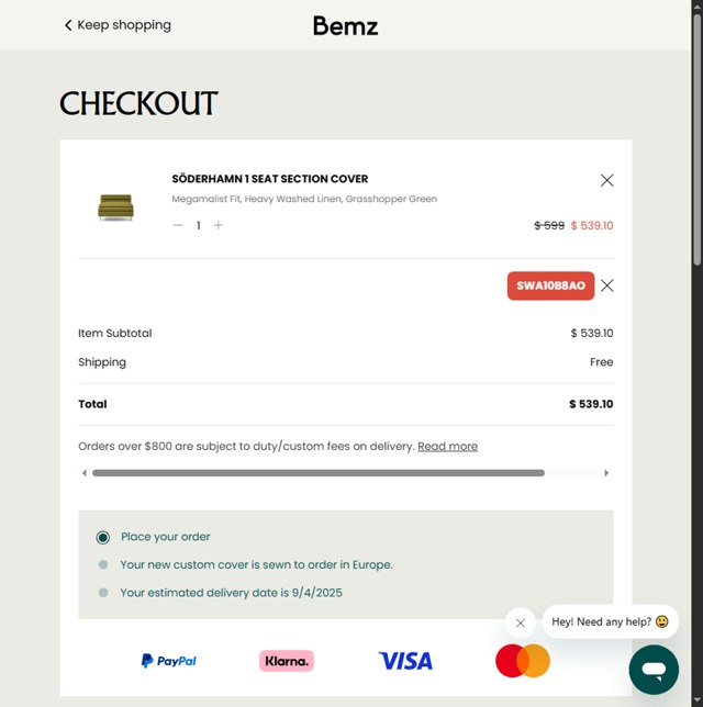 Bemz US checkout page showing Bemz US promo code box | Screenshot taken by SimplyCodes community member on Aug 8, 2025