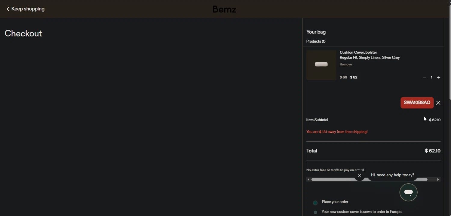 Bemz US promo code screenshot showing code SWA10B8AO applied at Bemz US checkout page. Uploaded by SimplyCodes community member TreasureMaestro5413 on Nov 14, 2025