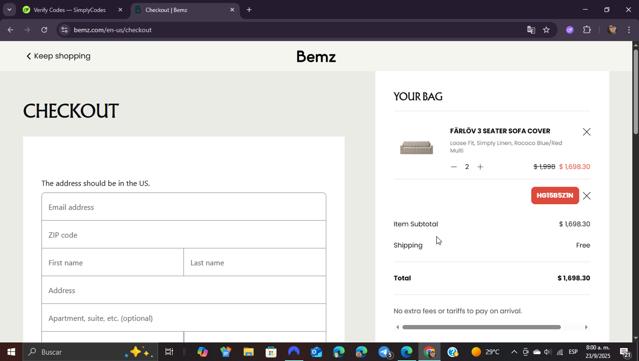 Bemz US checkout page showing Bemz US promo code box | Screenshot taken by SimplyCodes community member on Sep 23, 2025