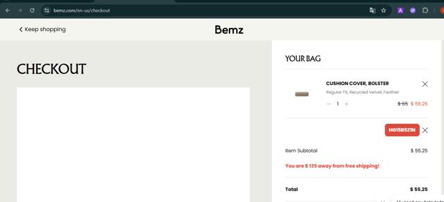 Bemz US checkout page showing Bemz US promo code box | Screenshot taken by SimplyCodes community member on Sep 12, 2025