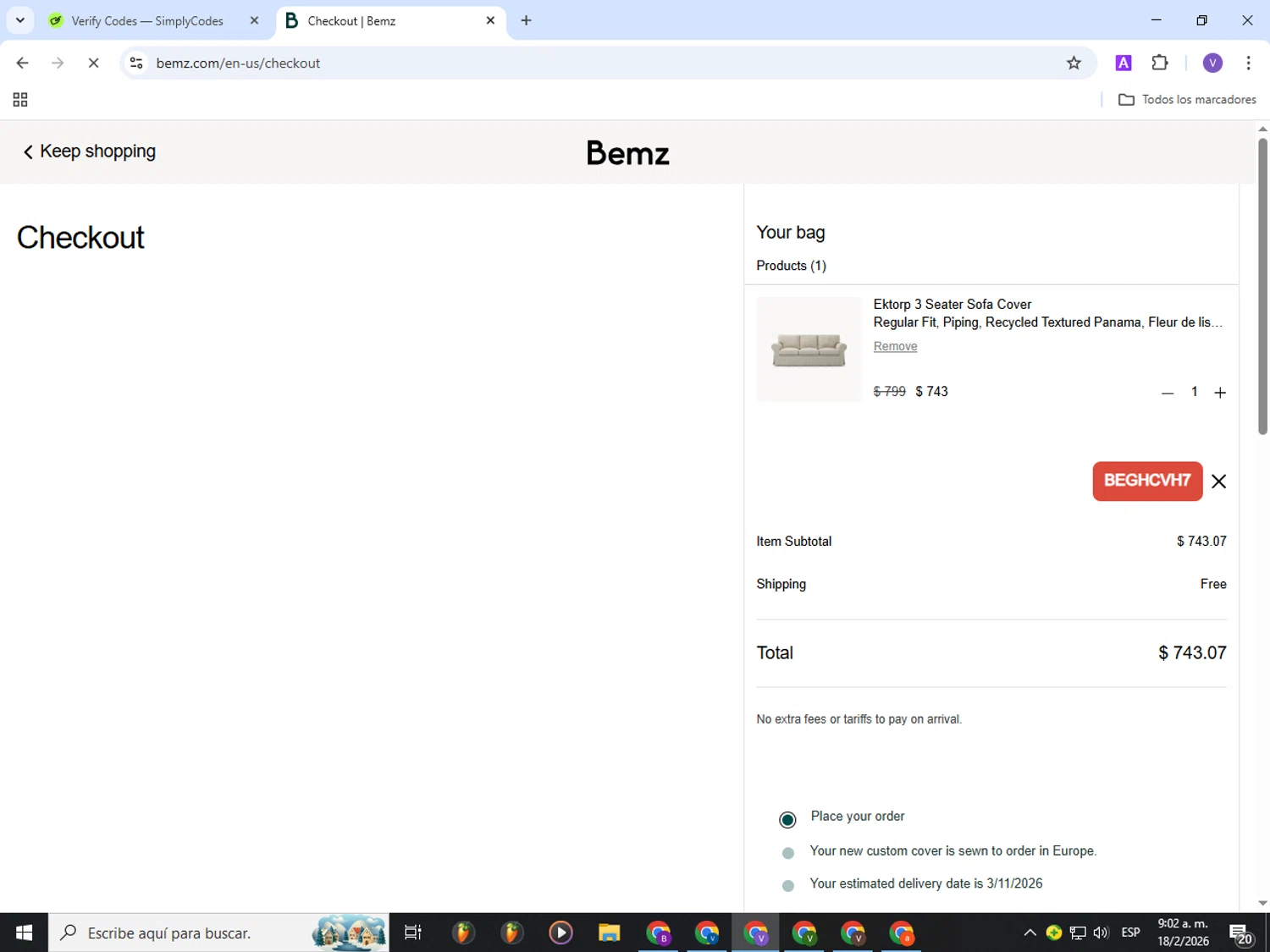 Bemz US promo code screenshot showing code BEGHCVH7 applied at Bemz US checkout page. Uploaded by SimplyCodes community member Gianpiero on Feb 18, 2026