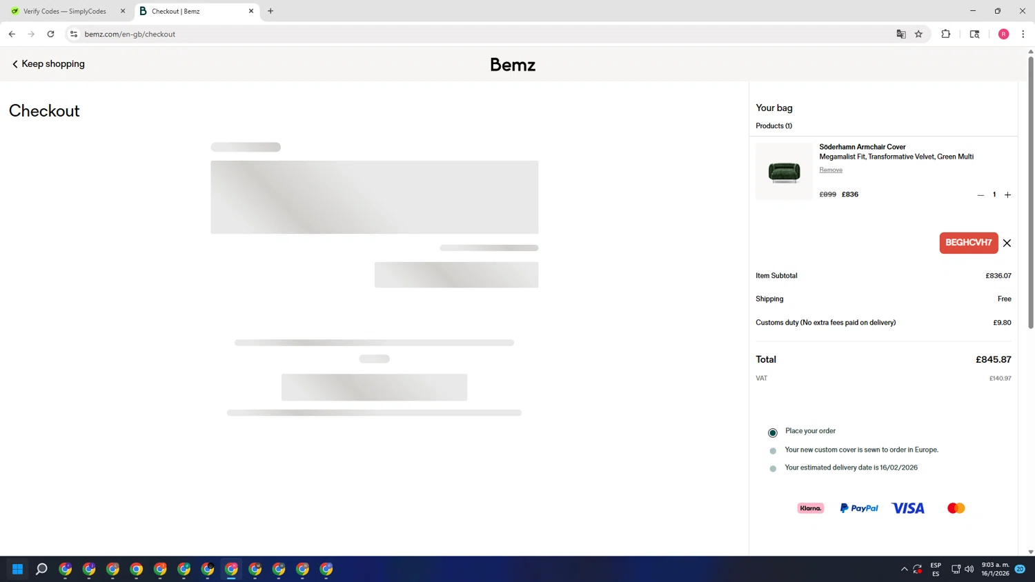Bemz US checkout page showing Bemz US promo code box | Screenshot taken by SimplyCodes community member on Jan 16, 2026