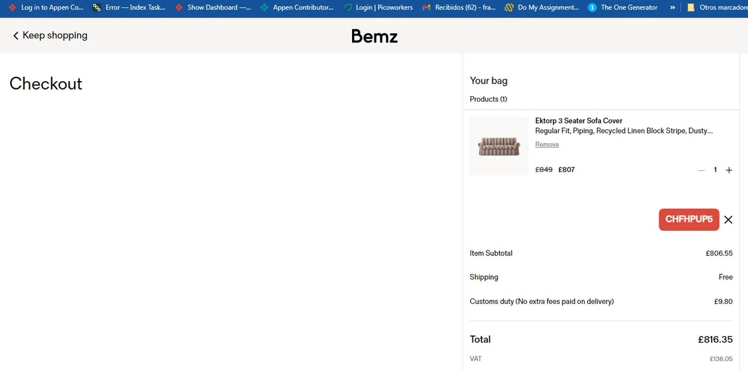 Bemz US checkout page showing Bemz US promo code box | Screenshot taken by SimplyCodes community member on Jan 29, 2026