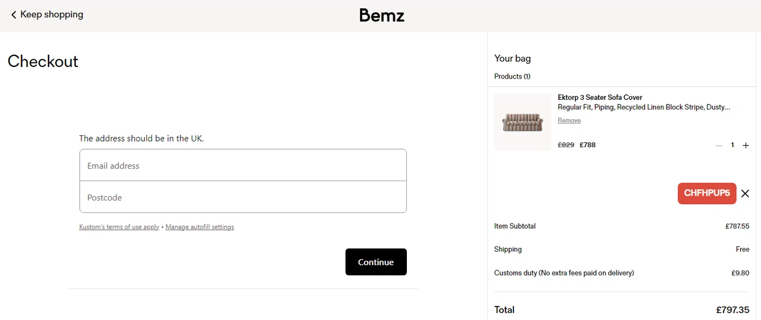 Bemz US promo code screenshot showing code CHFHPUP5 applied at Bemz US checkout page. Uploaded by SimplyCodes community member Alofoke on Dec 15, 2025