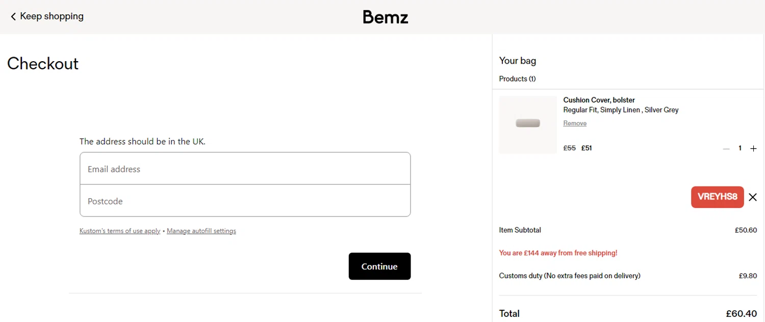 Bemz US promo code screenshot showing code VREYHS8 applied at Bemz US checkout page. Uploaded by SimplyCodes community member Alofoke on Dec 19, 2025
