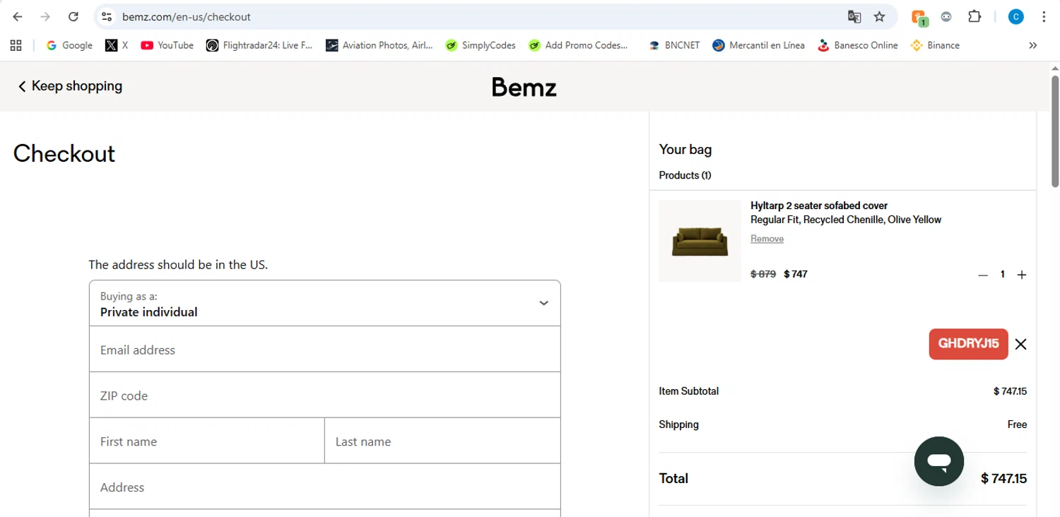 Bemz US promo code screenshot showing code GHDRYJ15 applied at Bemz US checkout page. Uploaded by SimplyCodes community member victor on Feb 9, 2026