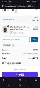 Hello15 coupon verification screenshot