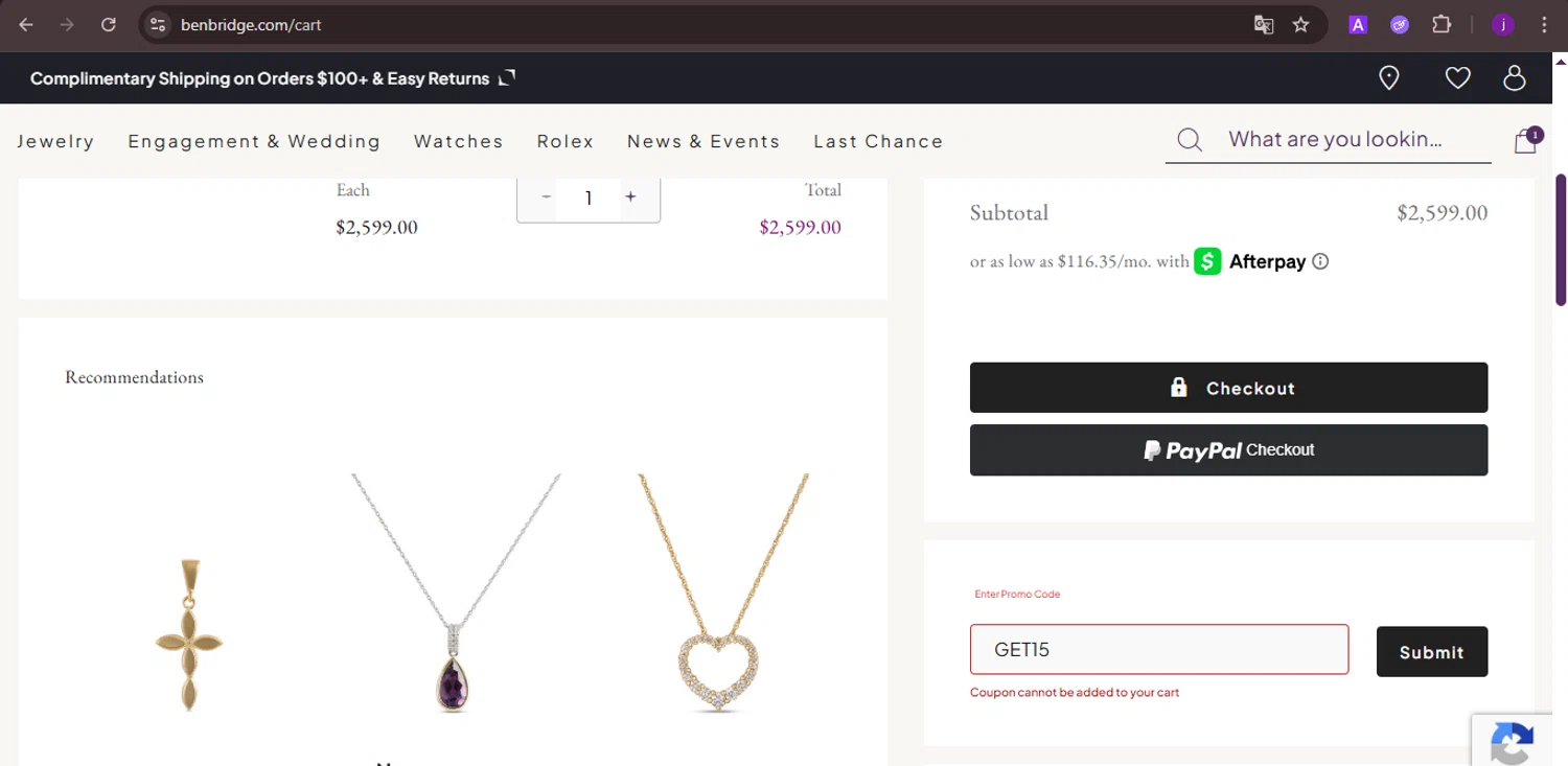 Ben Bridge Jeweler discount code screenshot showing code GET15 applied at Ben Bridge Jeweler checkout page. Uploaded by SimplyCodes community member CoinMaverick1452 on Aug 22, 2025