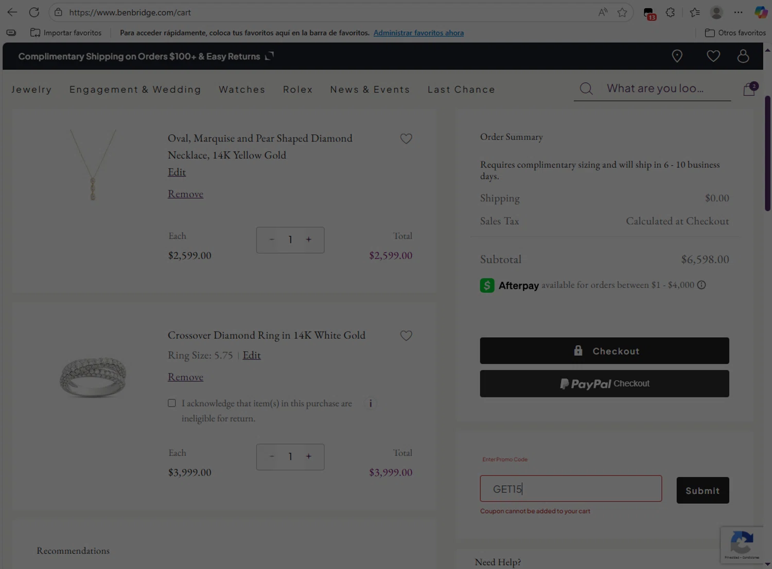 Ben Bridge Jeweler discount code screenshot showing code GET15 applied at Ben Bridge Jeweler checkout page. Uploaded by SimplyCodes community member NobleLion9913 on Aug 22, 2025