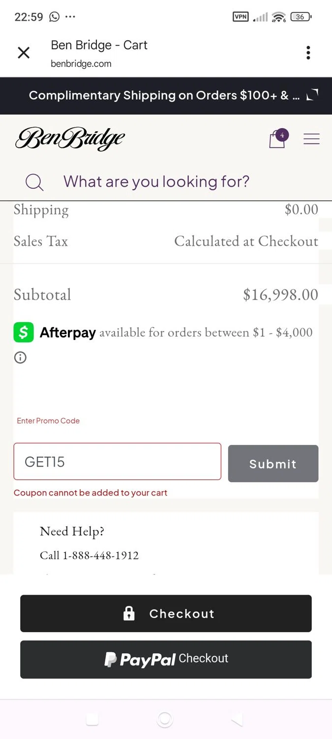 Ben Bridge Jeweler discount code screenshot showing code GET15 applied at Ben Bridge Jeweler checkout page. Uploaded by SimplyCodes community member ShieldWhiz4659 on Aug 22, 2025