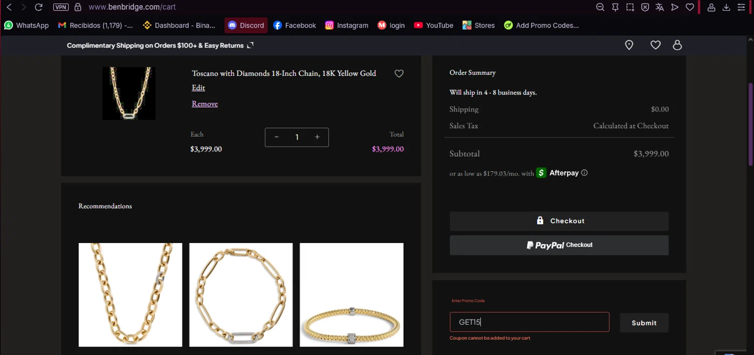 Ben Bridge Jeweler discount code screenshot showing code GET15 applied at Ben Bridge Jeweler checkout page. Uploaded by SimplyCodes community member SuperBowser on Aug 22, 2025