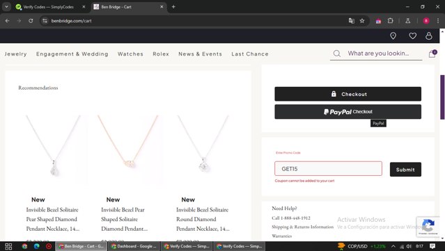 Ben Bridge Jeweler checkout page showing Ben Bridge Jeweler discount code box | Screenshot taken by SimplyCodes community member on Jan 27, 2025