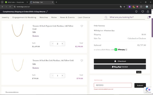 Ben Bridge Jeweler checkout page showing Ben Bridge Jeweler discount code box | Screenshot taken by SimplyCodes community member on Jul 7, 2025