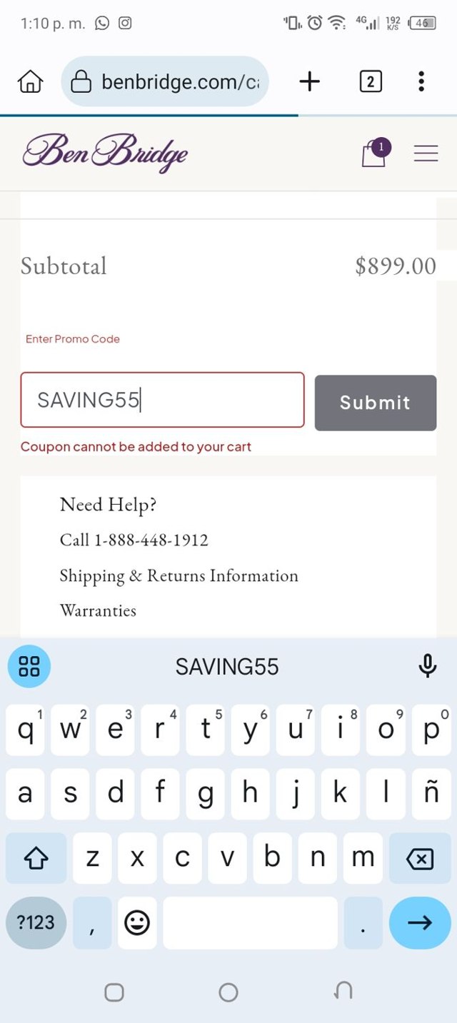 Ben Bridge Jeweler checkout page showing Ben Bridge Jeweler discount code box | Screenshot taken by SimplyCodes community member on Jan 26, 2025