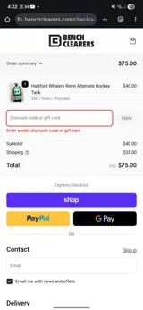 Bench Clearers coupon verification screenshot