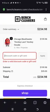 Bench Clearers coupon verification screenshot