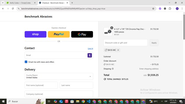 Benchmark Abrasives checkout page showing Benchmark Abrasives coupon code box | Screenshot taken by SimplyCodes community member on Sep 4, 2025