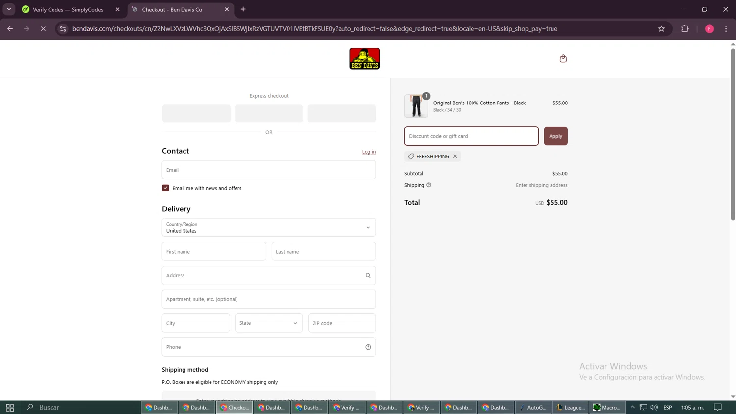 Ben Davis Clothing coupon code screenshot showing code FREESHIPPING applied at Ben Davis Clothing checkout page. Uploaded by SimplyCodes community member Burbuja on Mar 20, 2025