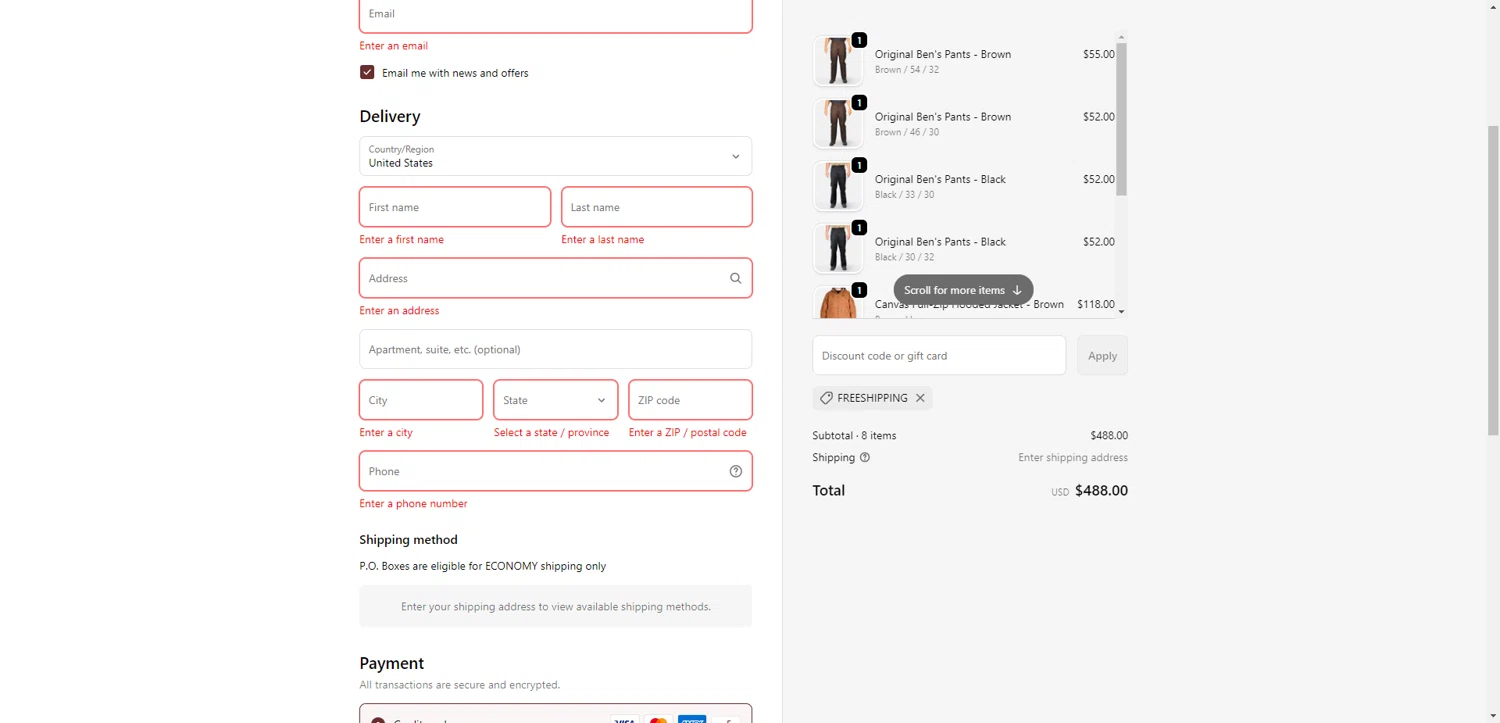 Ben Davis Clothing checkout page showing Ben Davis Clothing coupon code box | Screenshot taken by SimplyCodes community member on Feb 21, 2026