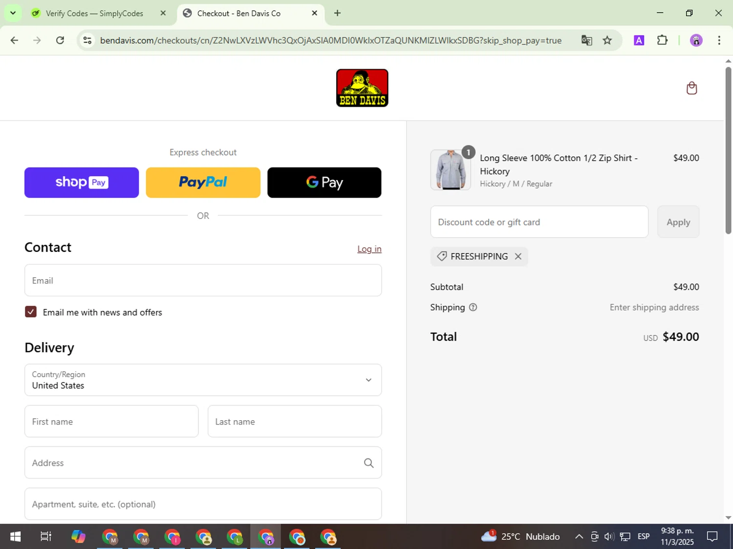Ben Davis Clothing coupon code screenshot showing code FREESHIPPING applied at Ben Davis Clothing checkout page. Uploaded by SimplyCodes community member PrimeWizard5860 on Mar 12, 2025