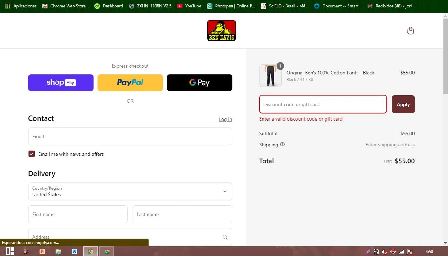 Ben Davis Clothing coupon code screenshot showing code FLASH applied at Ben Davis Clothing checkout page. Uploaded by SimplyCodes community member Patobel on Mar 20, 2025