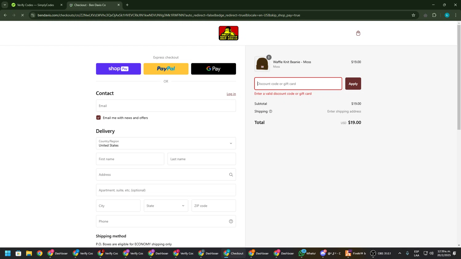 Ben Davis Clothing coupon code screenshot showing code FLASH applied at Ben Davis Clothing checkout page. Uploaded by SimplyCodes community member RewardKnight9989 on Feb 20, 2025
