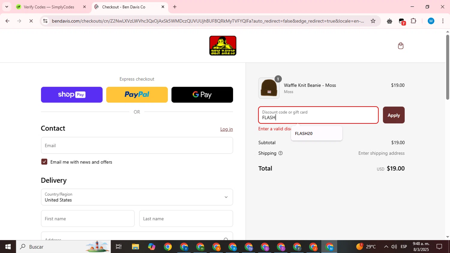Ben Davis Clothing coupon code screenshot showing code FLASH applied at Ben Davis Clothing checkout page. Uploaded by SimplyCodes community member LegendaryCurator1585 on Mar 8, 2025