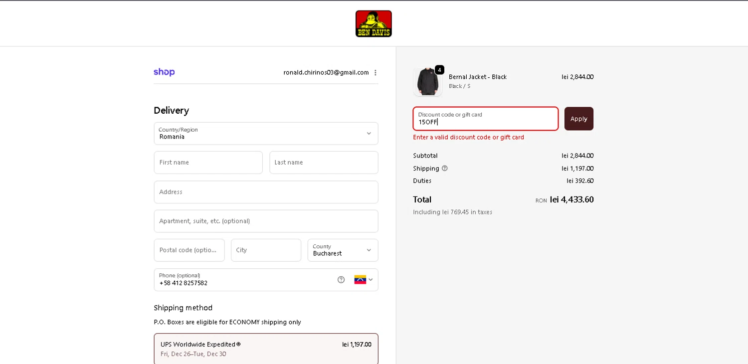 Ben Davis Clothing coupon code screenshot showing code 15OFF applied at Ben Davis Clothing checkout page. Uploaded by SimplyCodes community member CrownAce9258 on Dec 16, 2025