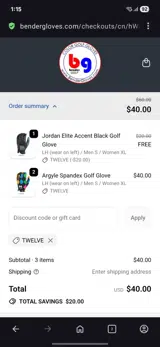 Bender Gloves coupon verification screenshot