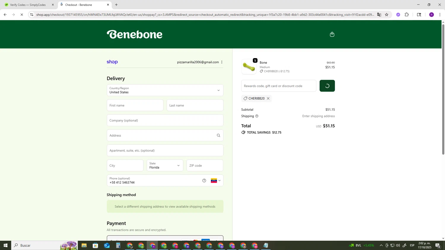 Benebone discount code screenshot showing code Cheribb20 applied at Benebone checkout page. Uploaded by SimplyCodes community member AVAMUSTANG on Oct 17, 2025