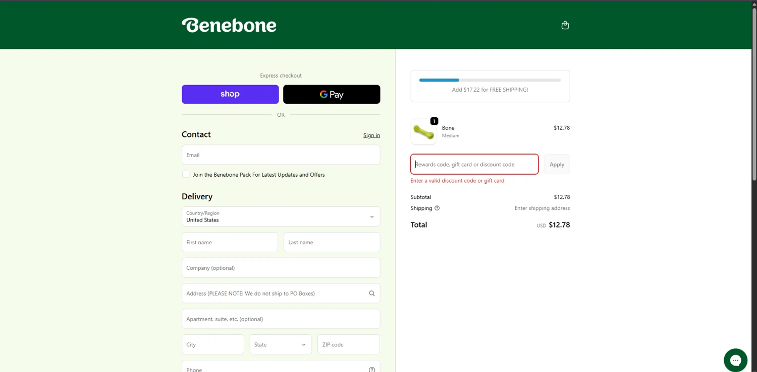 Benebone discount code screenshot showing code Azuriabb20 applied at Benebone checkout page. Uploaded by SimplyCodes community member Carlosramirez09 on Jan 6, 2026