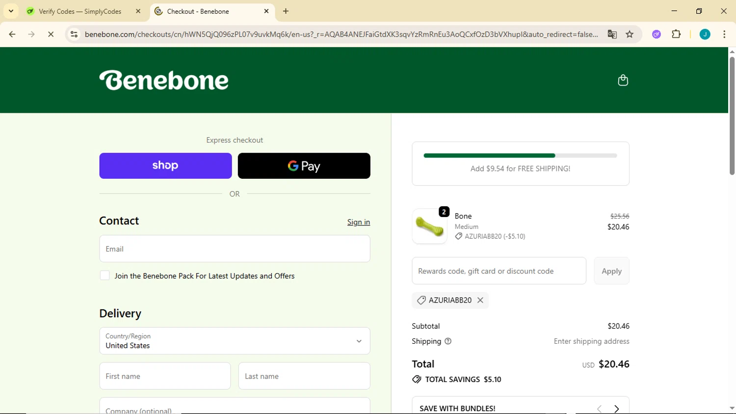 Benebone discount code screenshot showing code Azuriabb20 applied at Benebone checkout page. Uploaded by SimplyCodes community member GoldDefender3268 on Nov 18, 2025
