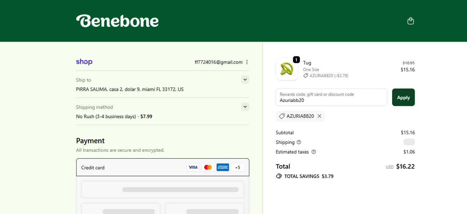 Benebone discount code screenshot showing code Azuriabb20 applied at Benebone checkout page. Uploaded by SimplyCodes community member ShieldWarden5142 on Oct 22, 2025