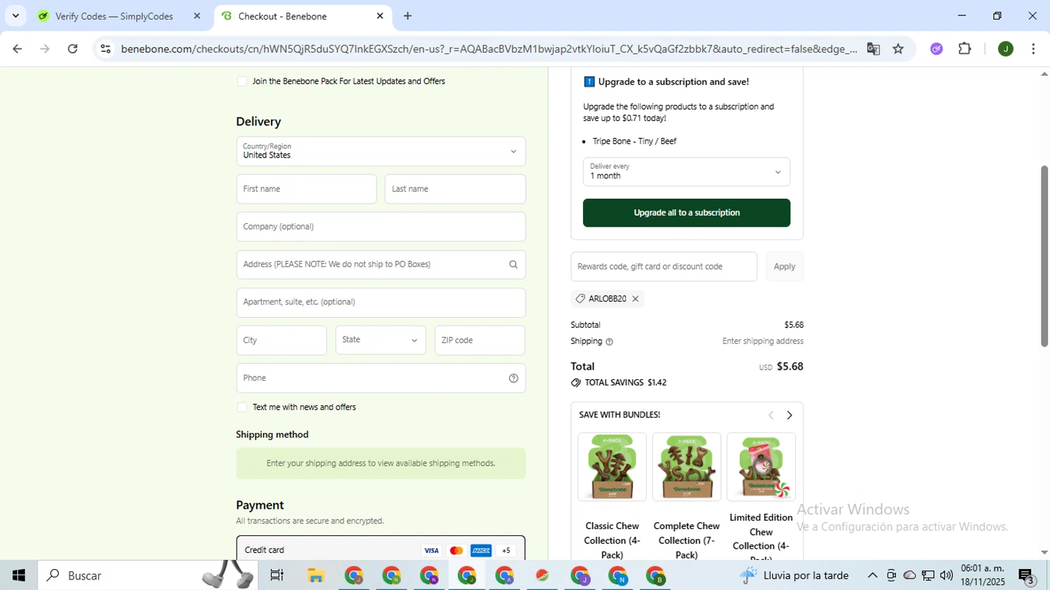 Benebone discount code screenshot showing code ARLOBB20 applied at Benebone checkout page. Uploaded by SimplyCodes community member CleverSeeker3529 on Nov 18, 2025