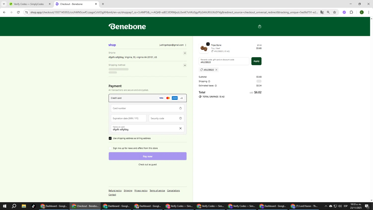 Benebone discount code screenshot showing code ARLOBB20 applied at Benebone checkout page. Uploaded by SimplyCodes community member DUCATI on Nov 23, 2025