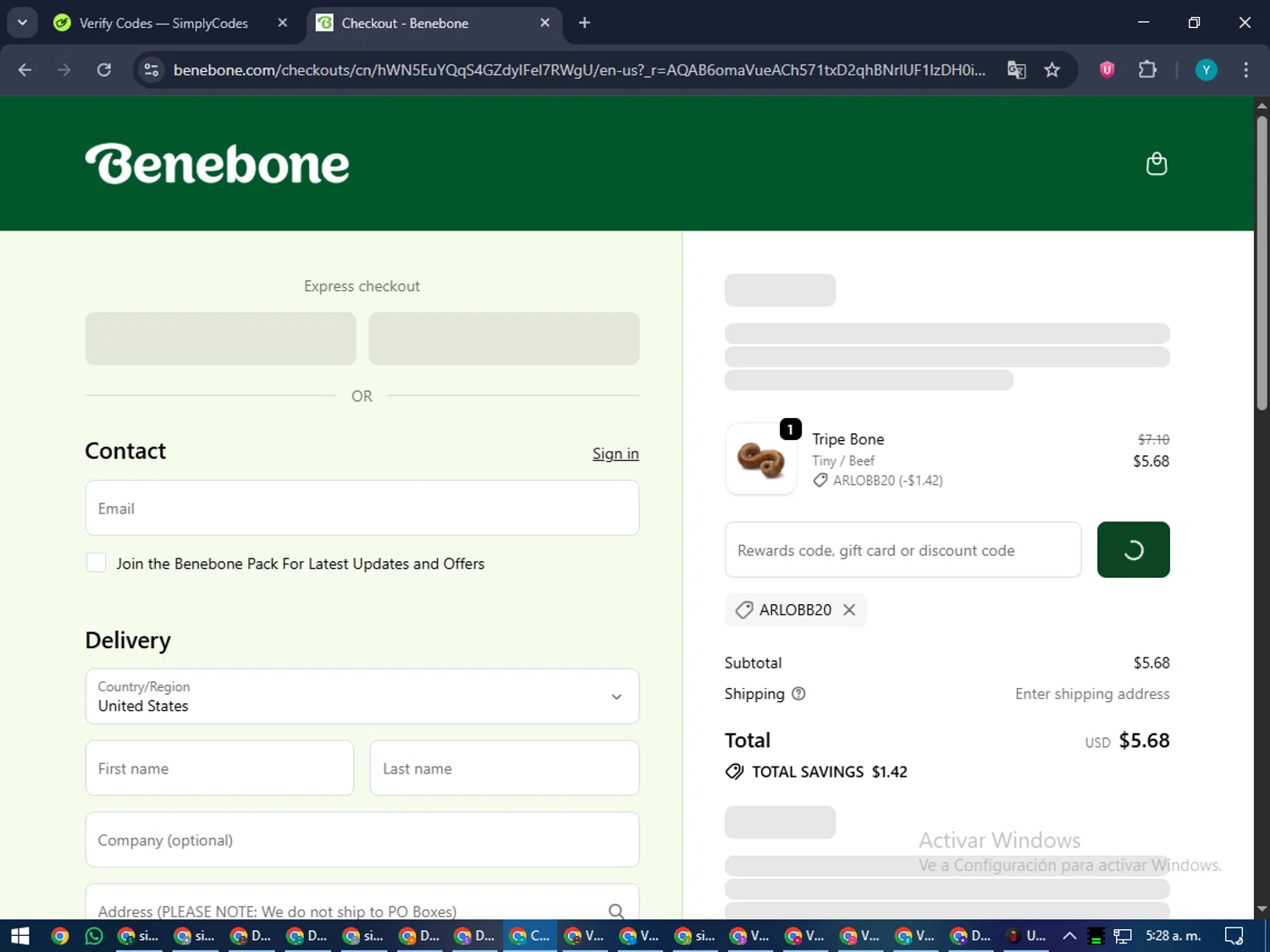 Benebone discount code screenshot showing code ARLOBB20 applied at Benebone checkout page. Uploaded by SimplyCodes community member RoyalEagle4794 on Nov 13, 2025