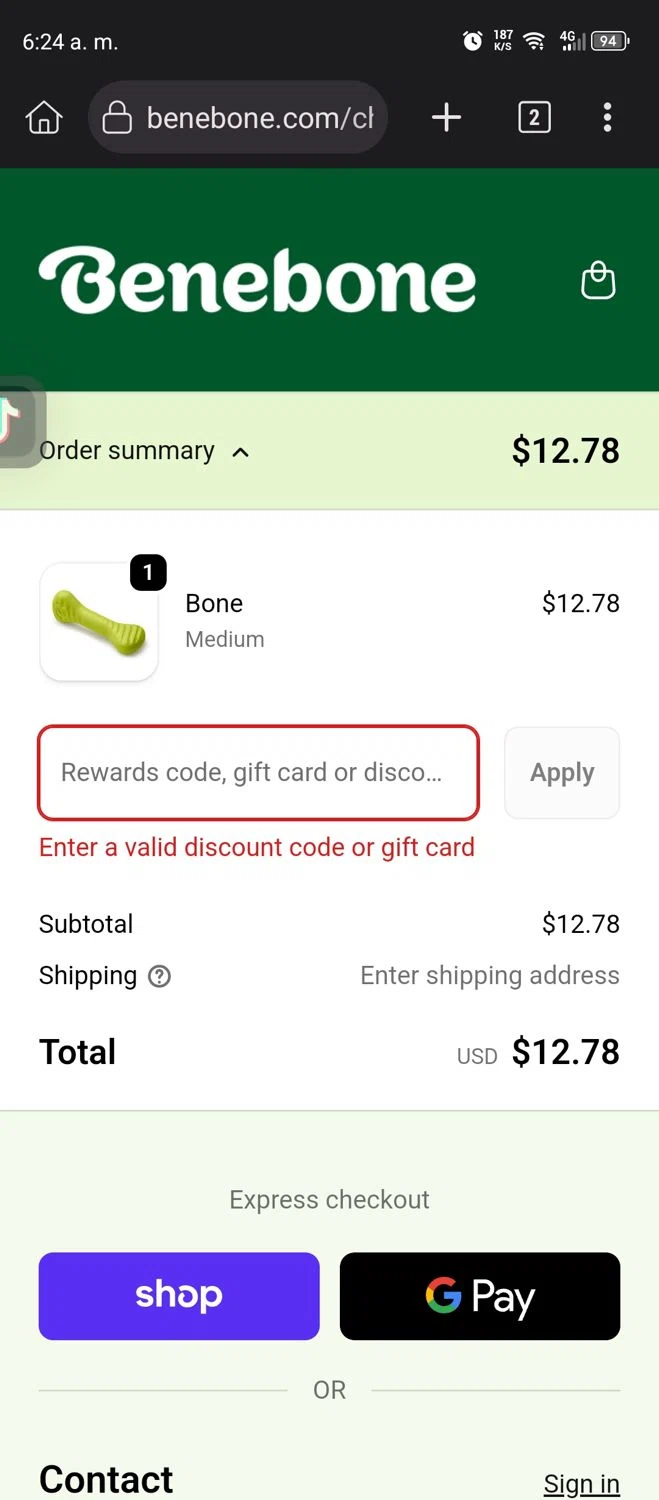 Benebone discount code screenshot showing code Josiebb20 applied at Benebone checkout page. Uploaded by SimplyCodes community member Diego_Soto on Jan 6, 2026