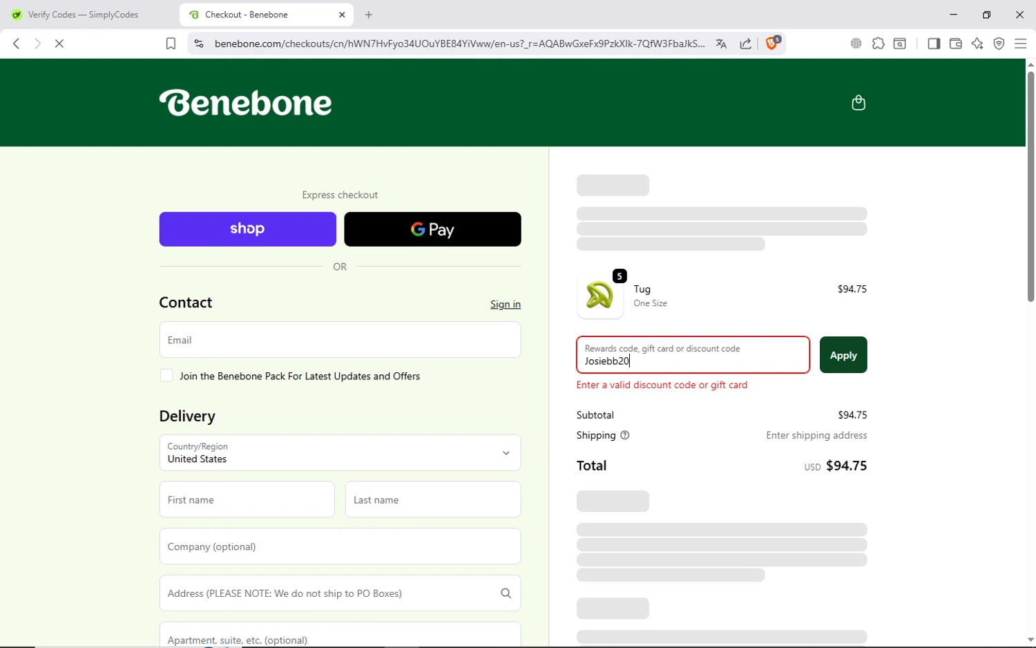 Benebone discount code screenshot showing code Josiebb20 applied at Benebone checkout page. Uploaded by SimplyCodes community member ShieldAdmiral6835 on Jan 6, 2026
