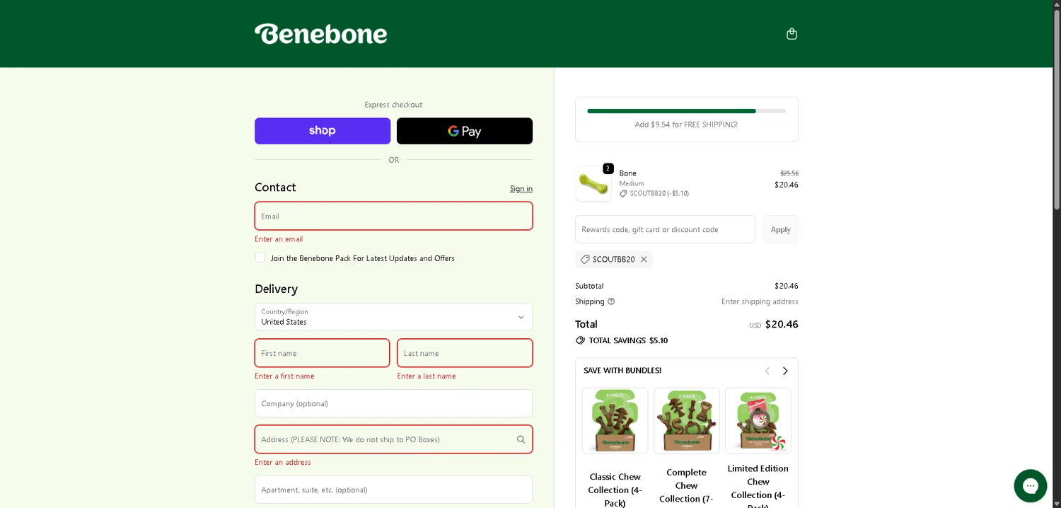 Benebone discount code screenshot showing code Scoutbb20 applied at Benebone checkout page. Uploaded by SimplyCodes community member VictoriousFinder4393 on Dec 28, 2025