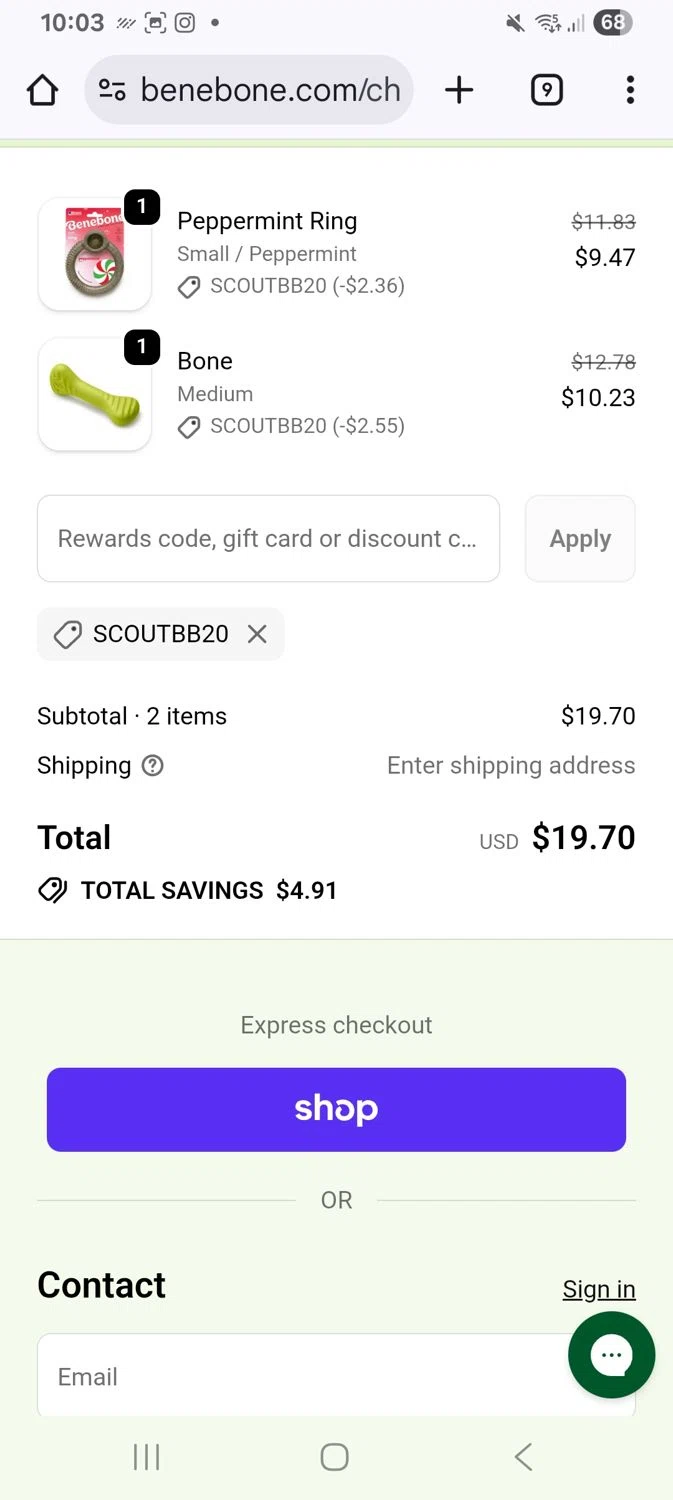 Benebone discount code screenshot showing code Scoutbb20 applied at Benebone checkout page. Uploaded by SimplyCodes community member KarinaHZ on Dec 28, 2025