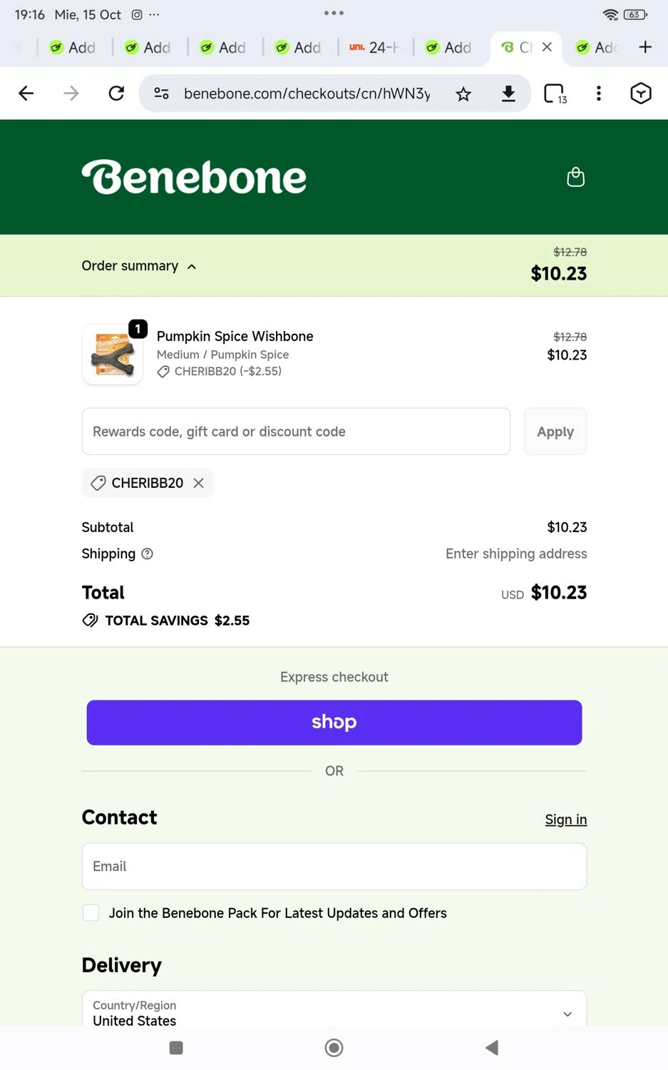 Benebone discount code screenshot showing code Cheribb20 applied at Benebone checkout page. Uploaded by SimplyCodes community member KarinaHZ on Oct 15, 2025