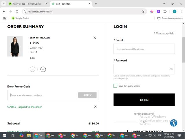 United Colors of Benetton checkout page showing United Colors of Benetton discount code box | Screenshot taken by SimplyCodes community member on Feb 21, 2025