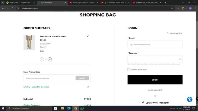 United Colors of Benetton checkout page showing United Colors of Benetton discount code box | Screenshot taken by SimplyCodes community member on Feb 21, 2025