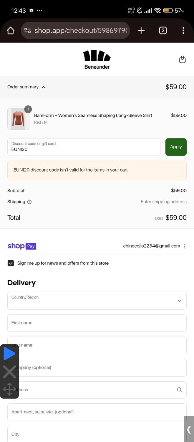 Beneunder coupon code screenshot showing code EUNI20 applied at Beneunder checkout page. Uploaded by SimplyCodes community member Lhhfhii on Aug 28, 2025