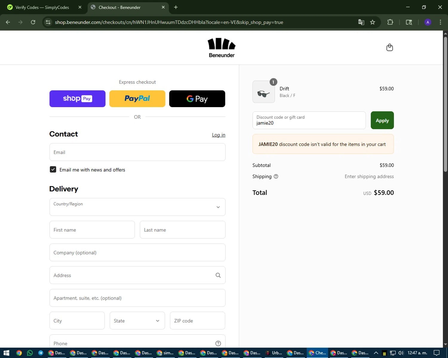 Beneunder coupon code screenshot showing code jamie20 applied at Beneunder checkout page. Uploaded by SimplyCodes community member MagnificentWarden4603 on Aug 28, 2025