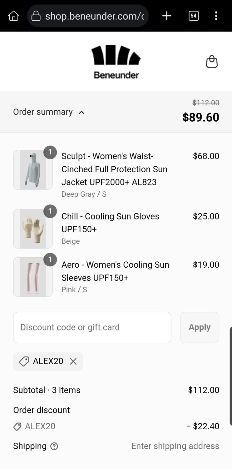 Beneunder coupon code screenshot showing code ALEX20 applied at Beneunder checkout page. Uploaded by SimplyCodes community member Carloslvz on Aug 1, 2025