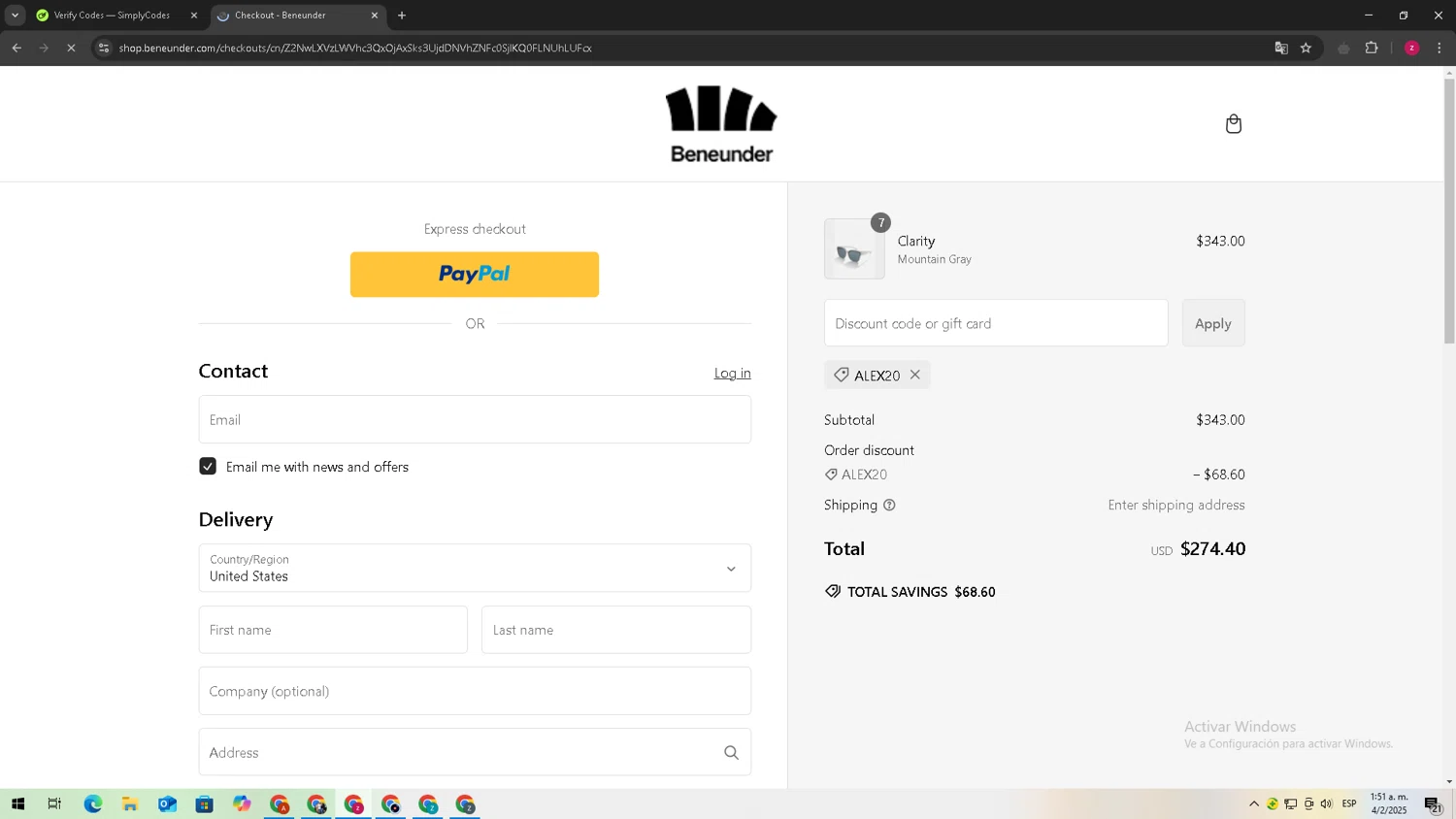 Beneunder coupon code screenshot showing code ALEX20 applied at Beneunder checkout page. Uploaded by SimplyCodes community member TreasureTitan9744 on Feb 4, 2025