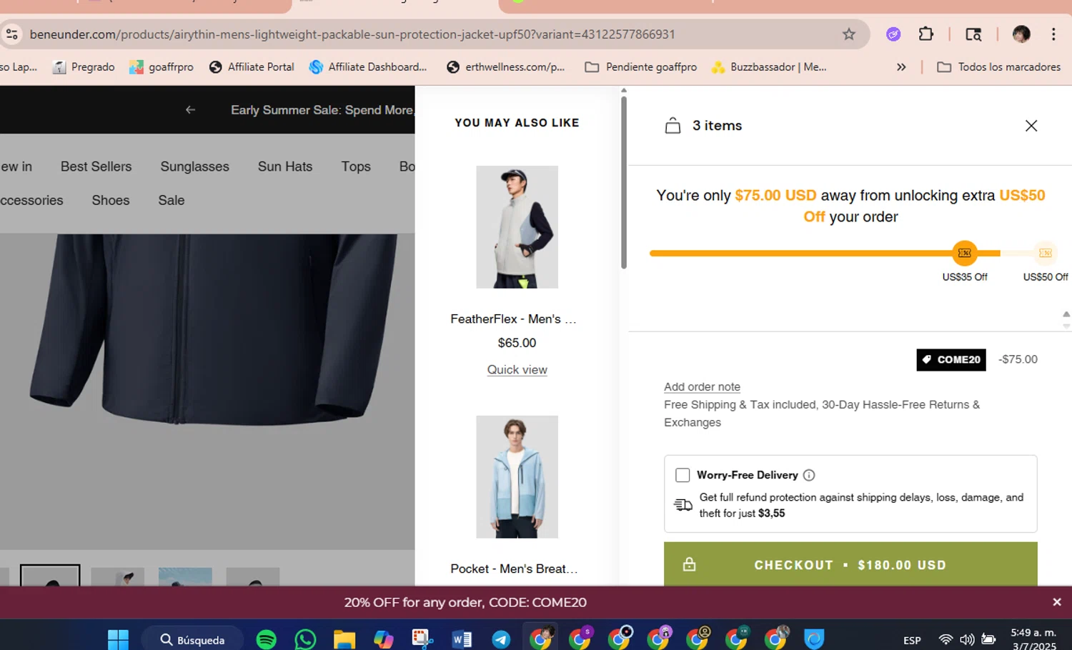 Beneunder coupon code screenshot showing code COME20 applied at Beneunder checkout page. Uploaded by SimplyCodes community member GoldLynx7797 on Jul 3, 2025